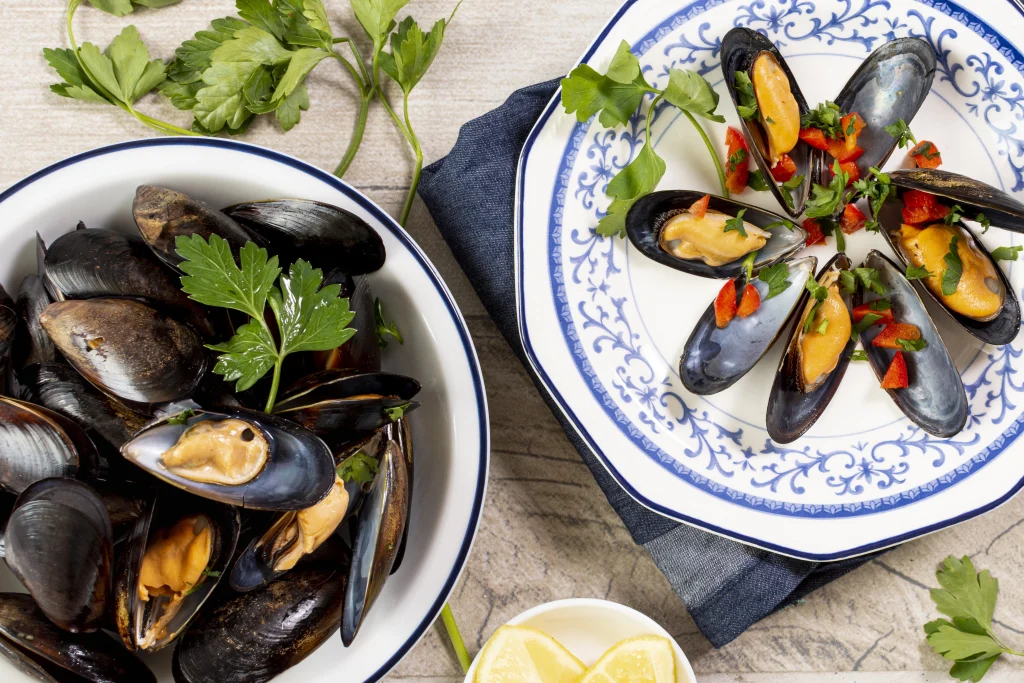 top-view-tasty-mussel-shells-plate