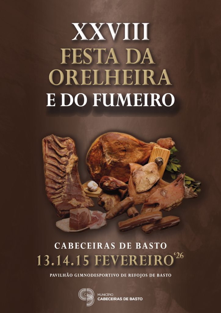 Cartaz da XXVIII Festa da Orelheira e do Fumeiro com vários enchidos e carnes fumadas sobre fundo escuro.