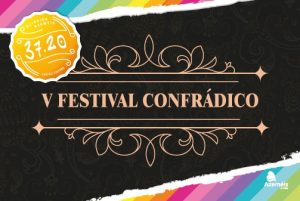 Cartaz preto com padrões florais e texto “V Festival Confrádico”, com destaque para Oliveira de Azeméis.