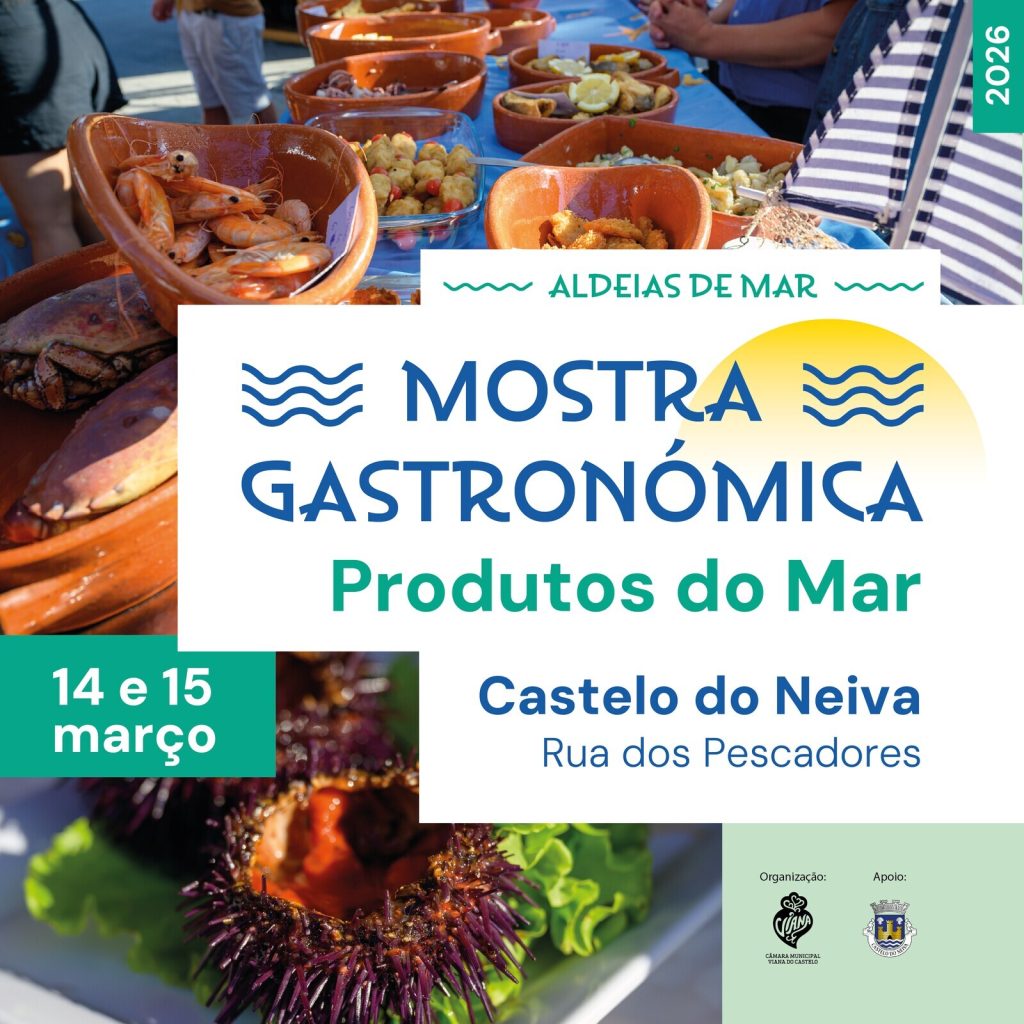 Cartaz com taças de marisco e texto sobre a Mostra Gastronómica Aldeias de Mar em Castelo do Neiva.