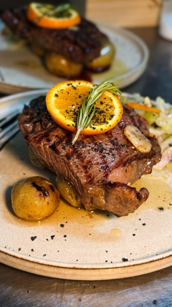 Bife de novilho grelhado servido com fatia de laranja, alecrim e batatas assadas.