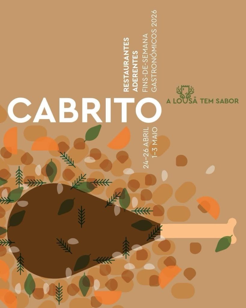 Cartaz com ilustração de perna de cabrito assado e datas dos fins‑de‑semana gastronómicos na Lousã.