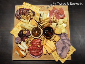 Tábua de madeira com enchidos fatiados, queijos em cubos e palitos, nozes, bolachas e duas taças com mel.