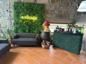 Zona de lounge com dois sofás, parede em pedra, painel verde com letreiro iluminado “A Púcara” e balcão decorado com plantas.