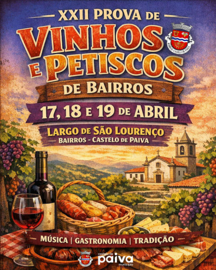 Cartaz com paisagem rural, mesa com vinho e texto sobre a XXII Prova de Vinhos e Petiscos de Bairros.