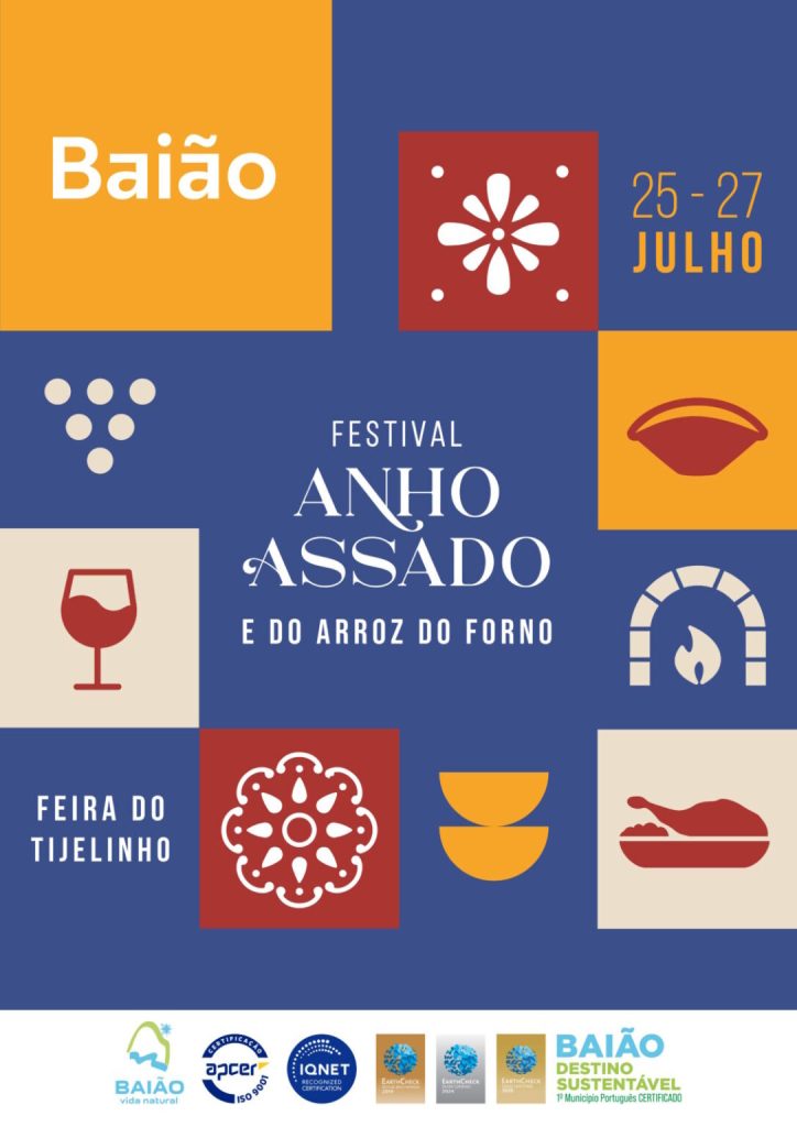 Cartaz com blocos coloridos e ícones de gastronomia, anunciando o Festival do Anho Assado e do Arroz de Forno em Baião.