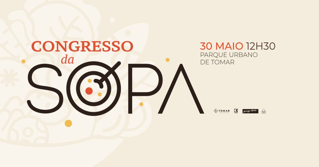 Cartaz com o título “Congresso da Sopa”, data, local e ilustrações de ingredientes.