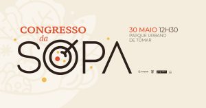 Cartaz com o título “Congresso da Sopa”, data, local e ilustrações de ingredientes.
