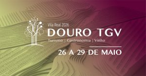 Cartaz com fundo em tons de amarelo, verde e roxo e texto sobre o evento Douro TGV 2026 em Vila Real.