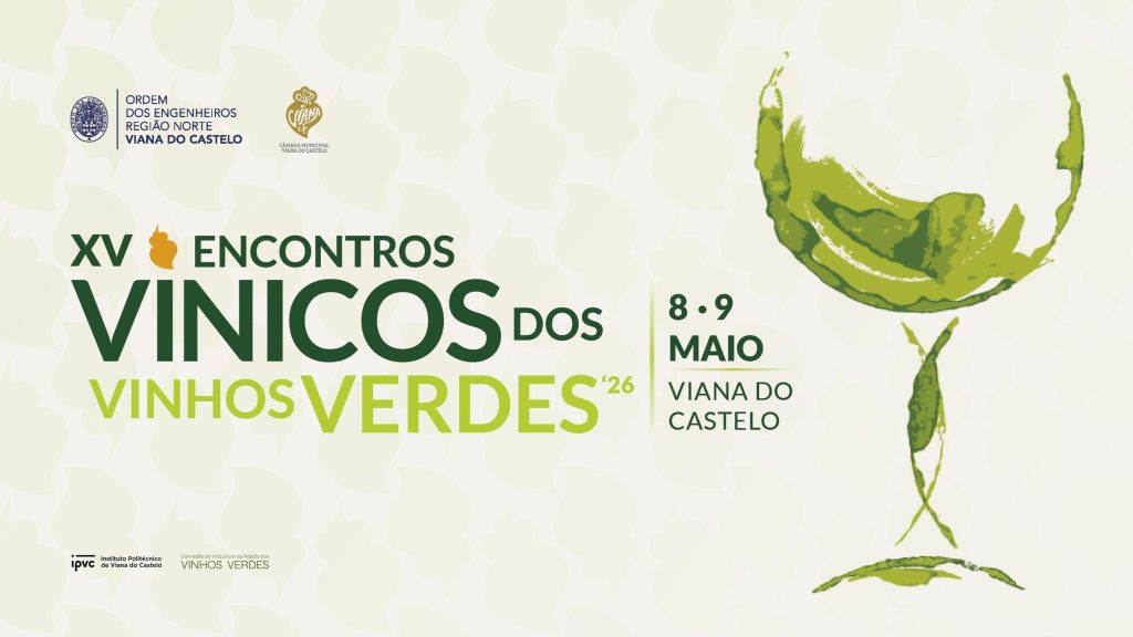 Cartaz claro com ilustração de copo verde e texto sobre os XV Encontros Vinicos dos Vinhos Verdes 2026.