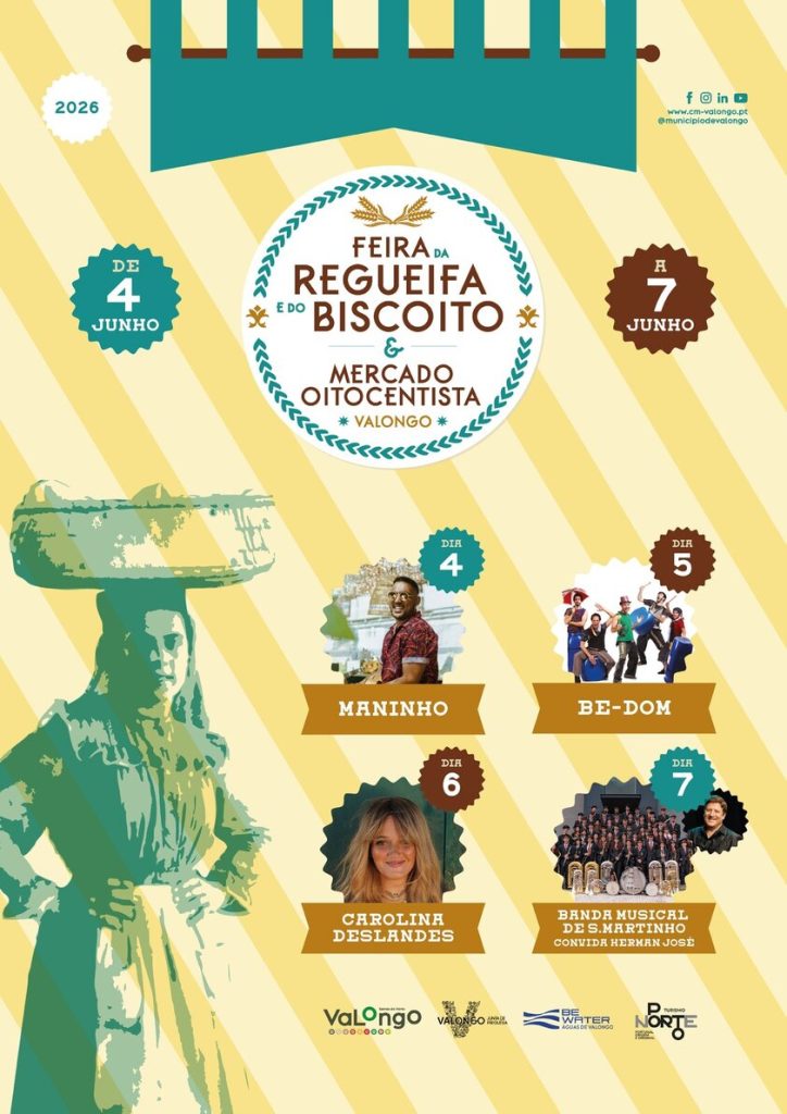Cartaz da Feira da Regueifa e do Biscoito e do Mercado Oitocentista de Valongo, com ilustração de figura tradicional e datas do evento.