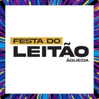 Cartaz com texto “Festa do Leitão Águeda” sobre fundo branco com moldura colorida em tons vibrantes.