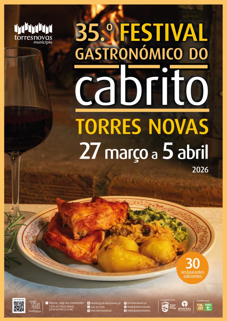 Cartaz com prato de cabrito assado acompanhado por batatas, arroz e legumes, com lareira ao fundo e texto do 35.º Festival Gastronómico do Cabrito de Torres Novas.