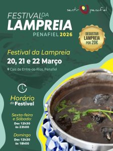 Cartaz verde com fotografia de panela de lampreia e texto sobre o Festival da Lampreia Penafiel 2026.