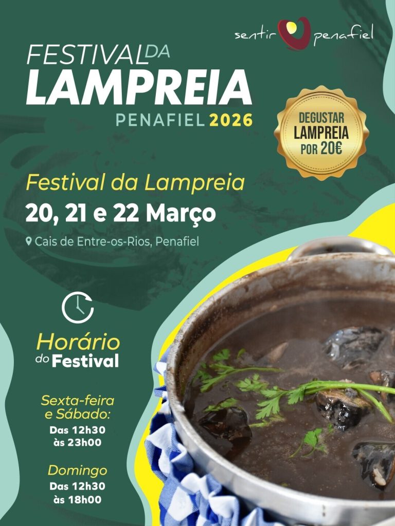 Cartaz verde com fotografia de panela de lampreia e texto sobre o Festival da Lampreia Penafiel 2026.