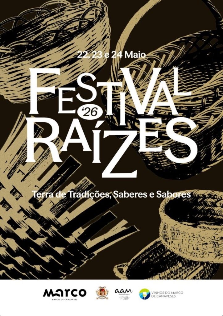 Cartaz escuro com ilustrações de cestos e texto sobre o Festival Raízes em maio.