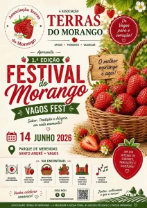 Cartaz colorido com morangos e informação sobre o Festival do Morango Vagos Fest 2026.