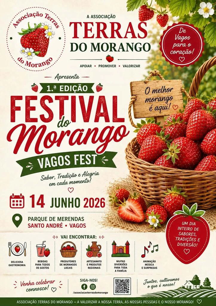 Cartaz colorido com morangos e informação sobre o Festival do Morango Vagos Fest 2026.