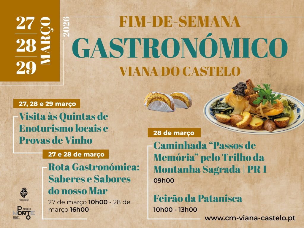 Cartaz bege com texto sobre o Fim‑de‑Semana Gastronómico de Viana do Castelo 2026 e imagens de pratos tradicionais.