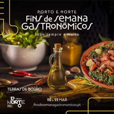Cartaz com prato de marisco e texto sobre os Fins de Semana Gastronómicos em Terras de Bouro.