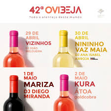 Cartaz colorido com quatro garrafas estilizadas e texto sobre a 42.ª Ovibeja e os concertos de abril e maio.