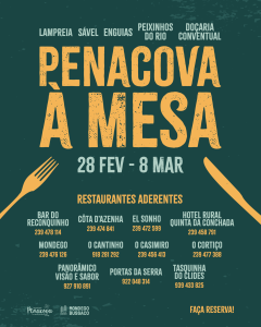 Cartaz verde com texto amarelo anunciando o evento Penacova à Mesa, datas e lista de restaurantes.