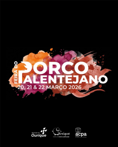 Cartaz com fundo preto e manchas coloridas, contendo o texto “Feira do Porco Alentejano — 20, 21 e 22 Março 2026 — Ourique”.