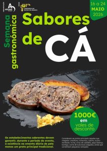 Cartaz do evento Sabores de Cá com fotografia de bucho recheado e broa, datas do evento e informação sobre pratos tradicionais.
