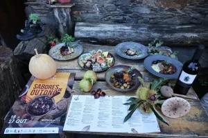 Mesa de madeira com pratos de comida, garrafa de vinho, maçãs, abóbora, castanhas e folhagem outonal, acompanhados de cartaz do festival.