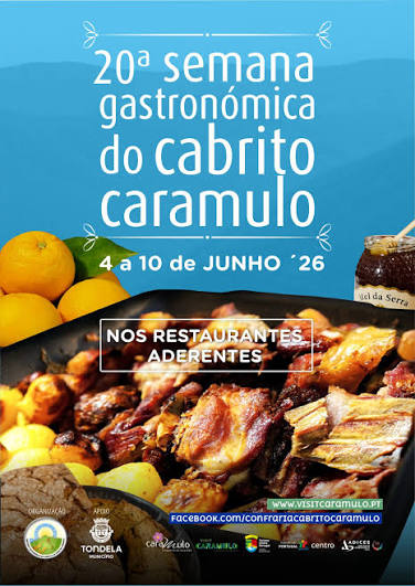 Cartaz azul com travessa de cabrito assado, laranjas e frasco de mel, com texto da 20.ª Semana Gastronómica do Cabrito do Caramulo.