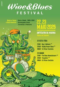 Cartaz colorido com polvo ilustrado a tocar bateria e texto do Wine & Blues Festival 2026.
