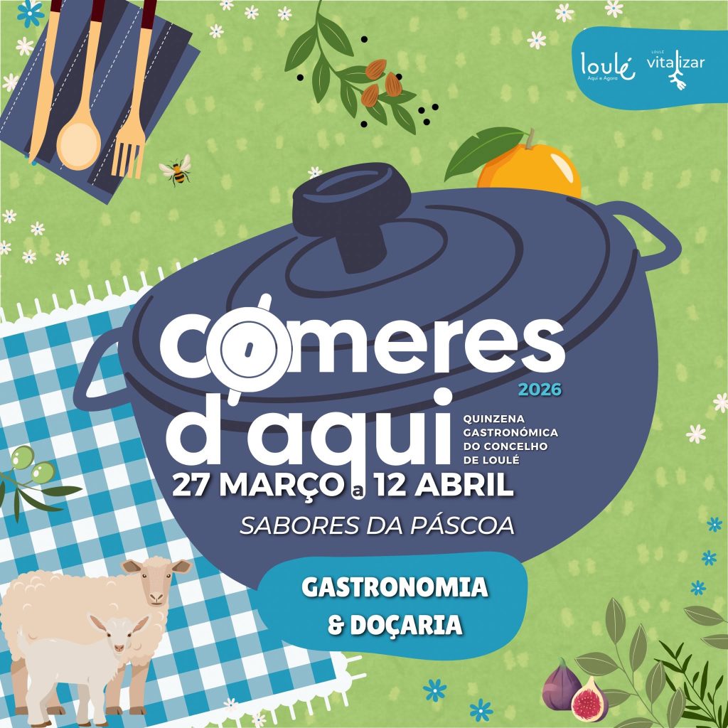 Cartaz colorido com panela azul, ovelhas, frutos secos e texto sobre a Quinzena Gastronómica de Loulé.