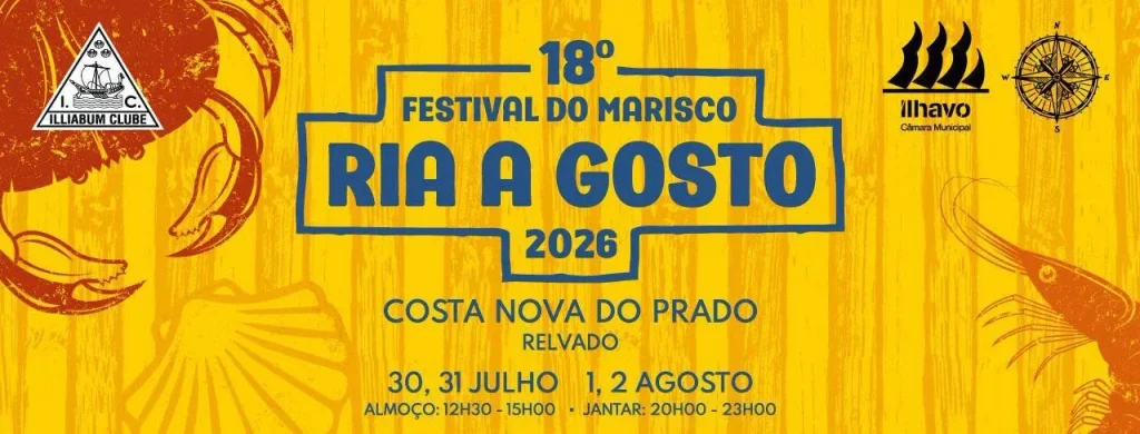 Cartaz promocional amarelo com ilustrações de marisco e informações sobre o Festival do Marisco Ria a Gosto 2026 na Costa Nova do Prado