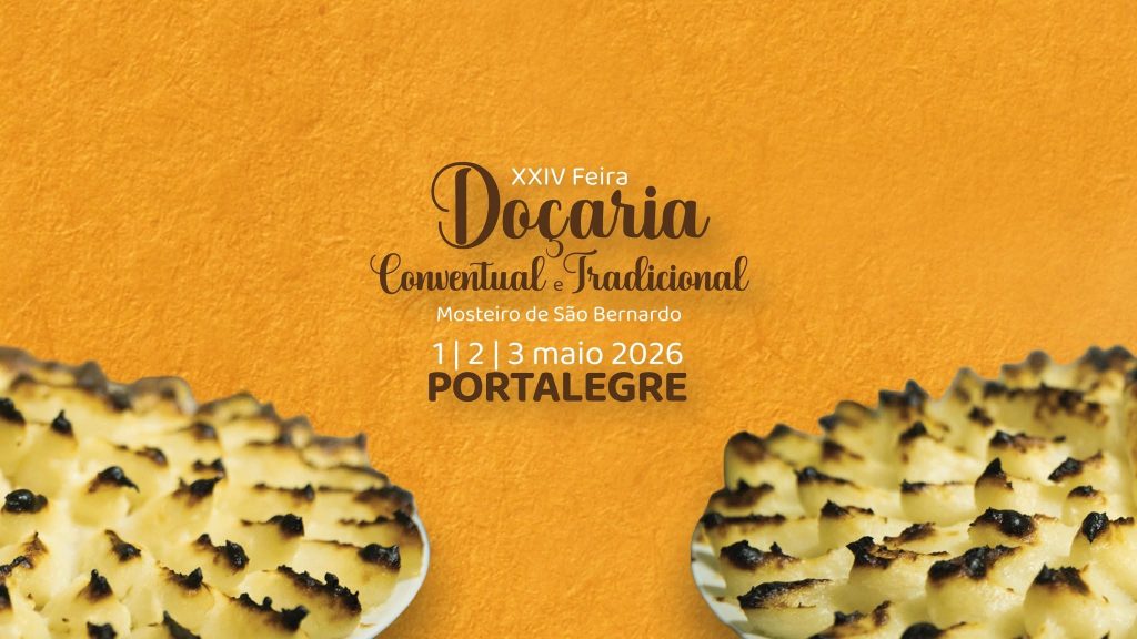 Cartaz com fundo laranja e dois doces conventuais, com texto da XXIV Feira de Doçaria Conventual e Tradicional — 1, 2 e 3 de maio 2026 — Portalegre.