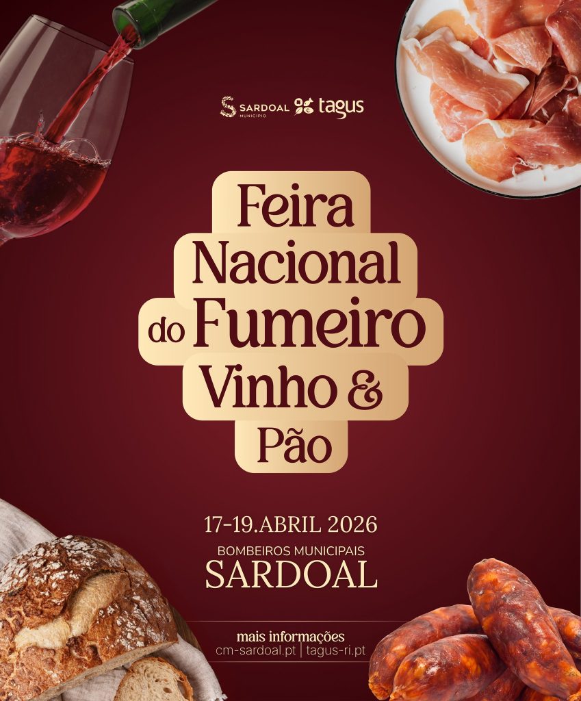 Cartaz com imagens de vinho, pão e enchidos, e texto “Feira Nacional do Fumeiro, Vinho & Pão — 17 a 19 abril 2026 — Sardoal”.