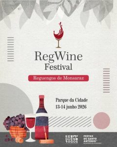 Cartaz com ícone de copo de vinho e texto “RegWine Festival — Parque da Cidade — 13 e 14 de junho 2026”.