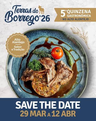 Cartaz com prato de borrego em empratamento moderno e texto “Terras do Borrego ’26 — 29 de março a 12 de abril”.