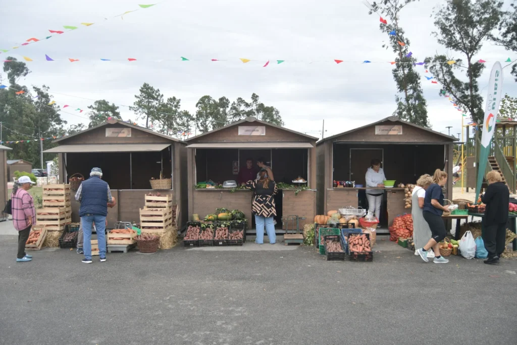 Três barracas de madeira exibem cenouras, abóboras e batatas-doces, pessoas circulam sob bandeirinhas coloridas em ambiente festivo.
