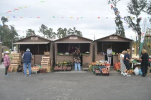 Três barracas de madeira exibem cenouras, abóboras e batatas-doces, pessoas circulam sob bandeirinhas coloridas em ambiente festivo.