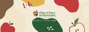 Banner promocional com ilustrações de maçãs vermelhas, verdes e amarelas; texto central anuncia “Feira da Maçã de Montanha Armamar, 02-04 Outubro 2026”.