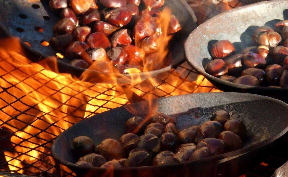Castanhas assando em recipientes de ferro sobre uma grelha, envoltas por chamas intensas e brasas.