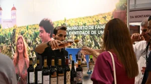 Pessoa serve vinho rosé em taça, balcão com garrafas variadas e banner de vinhedo com texto “Um projeto de família a identidade de um...”.