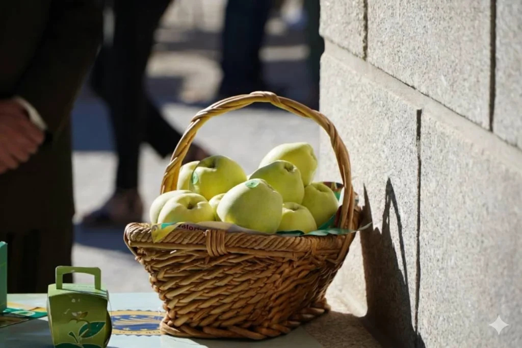 Cesta de vime com maçãs verdes apoiada sobre bancada em área externa, ao lado de parede de pedra e com pessoas desfocadas ao fundo.