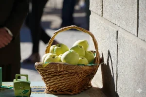 Cesta de vime com maçãs verdes apoiada sobre bancada em área externa, ao lado de parede de pedra e com pessoas desfocadas ao fundo.