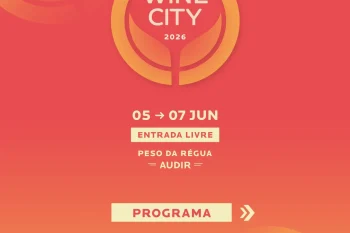 Cartaz com fundo em tons de vermelho e laranja e texto sobre o evento Douro Wine City 2026.