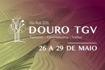 Cartaz com fundo em tons de amarelo, verde e roxo e texto sobre o evento Douro TGV 2026 em Vila Real.