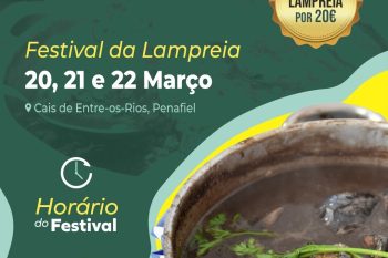 Cartaz verde com fotografia de panela de lampreia e texto sobre o Festival da Lampreia Penafiel 2026.