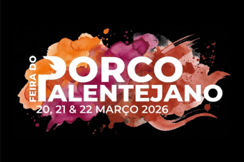 Cartaz com fundo preto e manchas coloridas, contendo o texto &ldquo;Feira do Porco Alentejano &mdash; 20, 21 e 22 Mar&ccedil;o 2026 &mdash; Ourique&rdquo;.